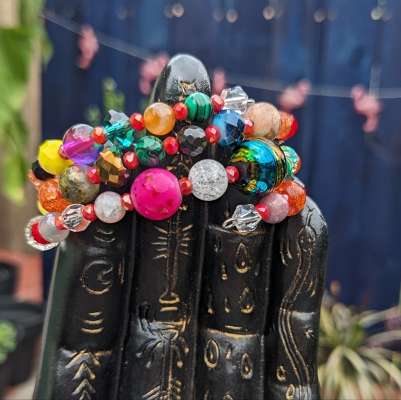 Jasper Agate Crystals Beaded Bracelet Handmade Festival Colorful Rainbow Quartz - Picture 11 of 13